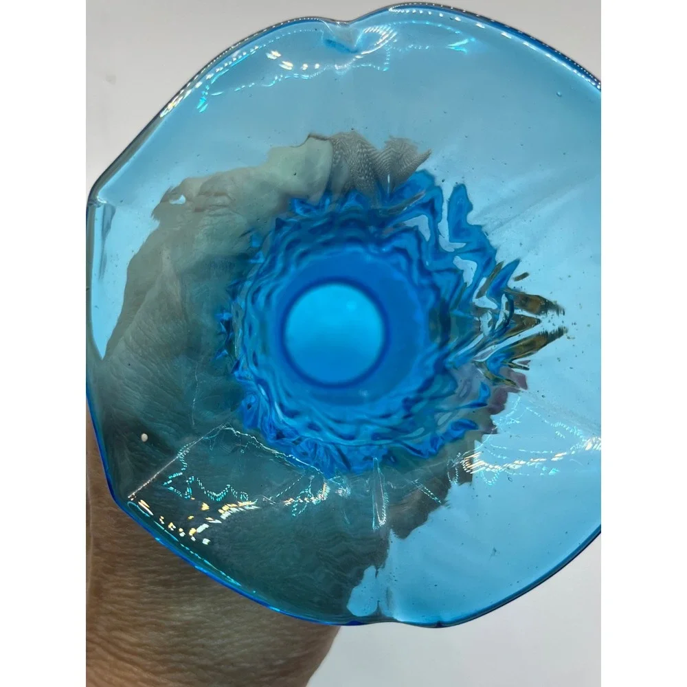 Vintage Empoli Blue Glass Vase with Yellow‎ Handles Ornate Accent Decor
